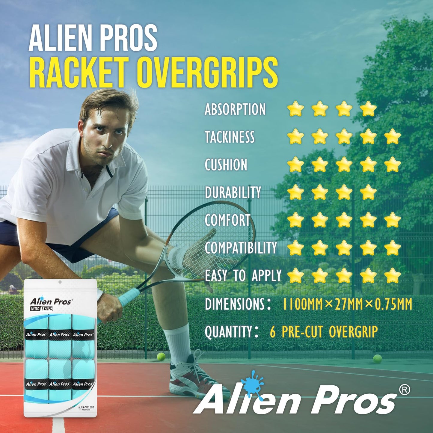 ALIEN PROS New Model M-Tac Tennis Racket Grip Tape (6 Grips) - Overgrip for High Performance Racquet Wrap (White)