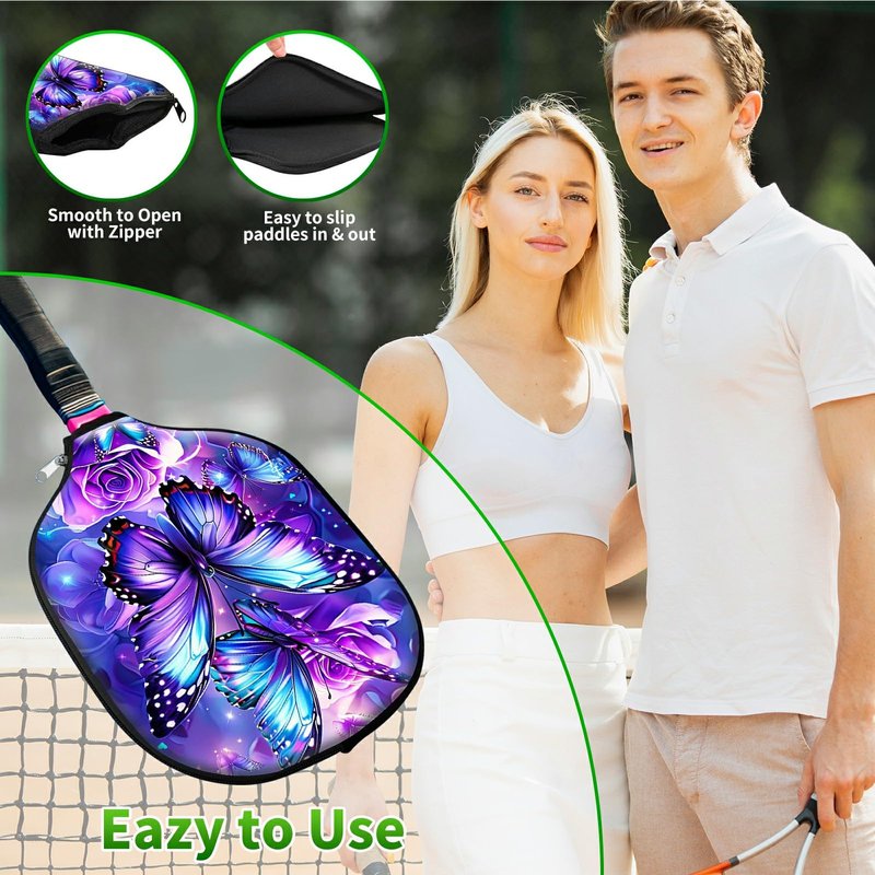 RWUTYTIUL Purple Butterfly Flower Pickle Ball Paddle Cover, Neoprene Pickleball Paddle Sleeve with Zippered Racket, Universal Paddle Storage Bag Size 8.66" x 11.4", Pickleball Paddle Case for Women