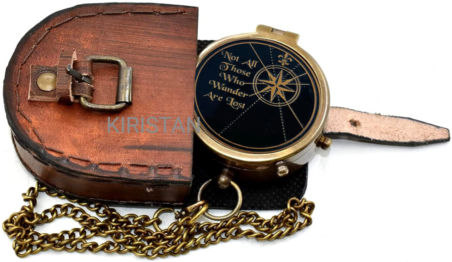 Vintage Brass Compass Not All Those Who Wander are Lost, Engraved Antique Pocket Compass with Leather Case, Inspirational Graduation Gift for Men, Hiking Camping Navigation Nautical Compass