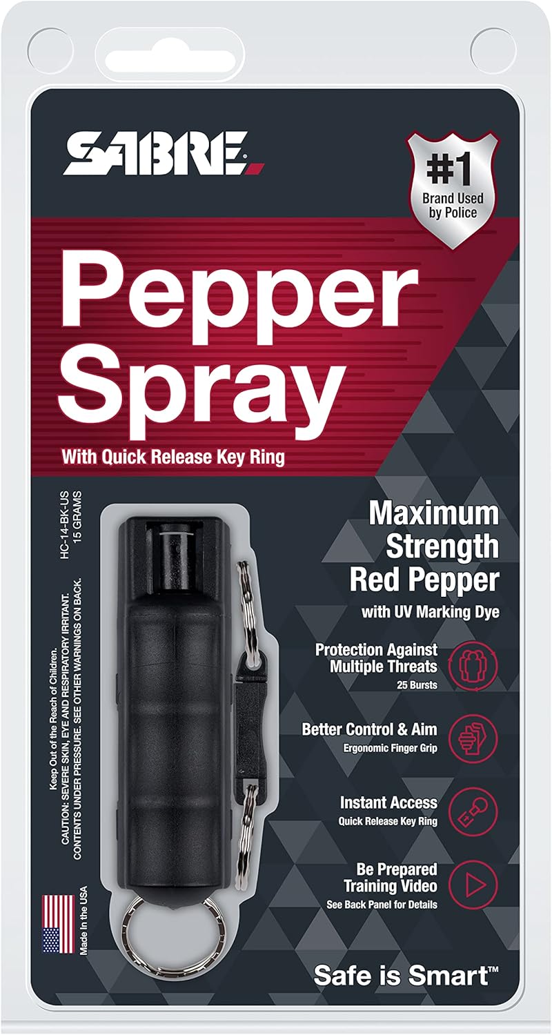 SABRE Pepper Spray - Max Police Strength Self Defense OC Spray with Quick Release Keychain | 0.54 fl oz, UV Dye, 10 Sec Spray Time