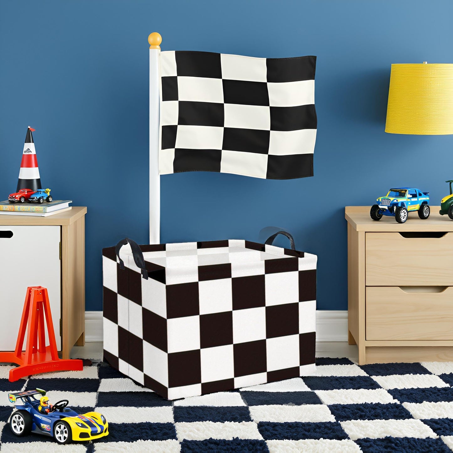 TIBAOLOVER Rectangular Checkered Basket Storage Bin Collapse Storage Basket with Handles for Organizing Home Kitchen Boys and Girls Toys Office Closet Shelf Baskets (Race Flag)