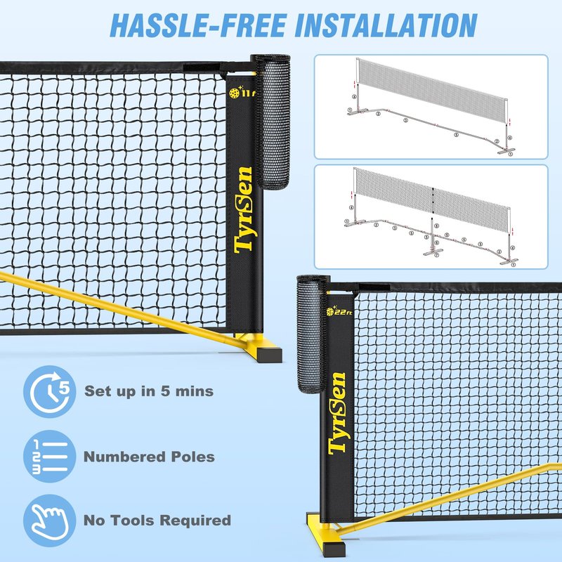 TYRSEN Portable Pickleball Net for Driveway, 22 FT Regulation Size & 11 FT Half Court Size Pickleball Net with Ball Collector, 2-in-1 Pickle Ball Net with Carry Bag for Outdoor Indoor Garages