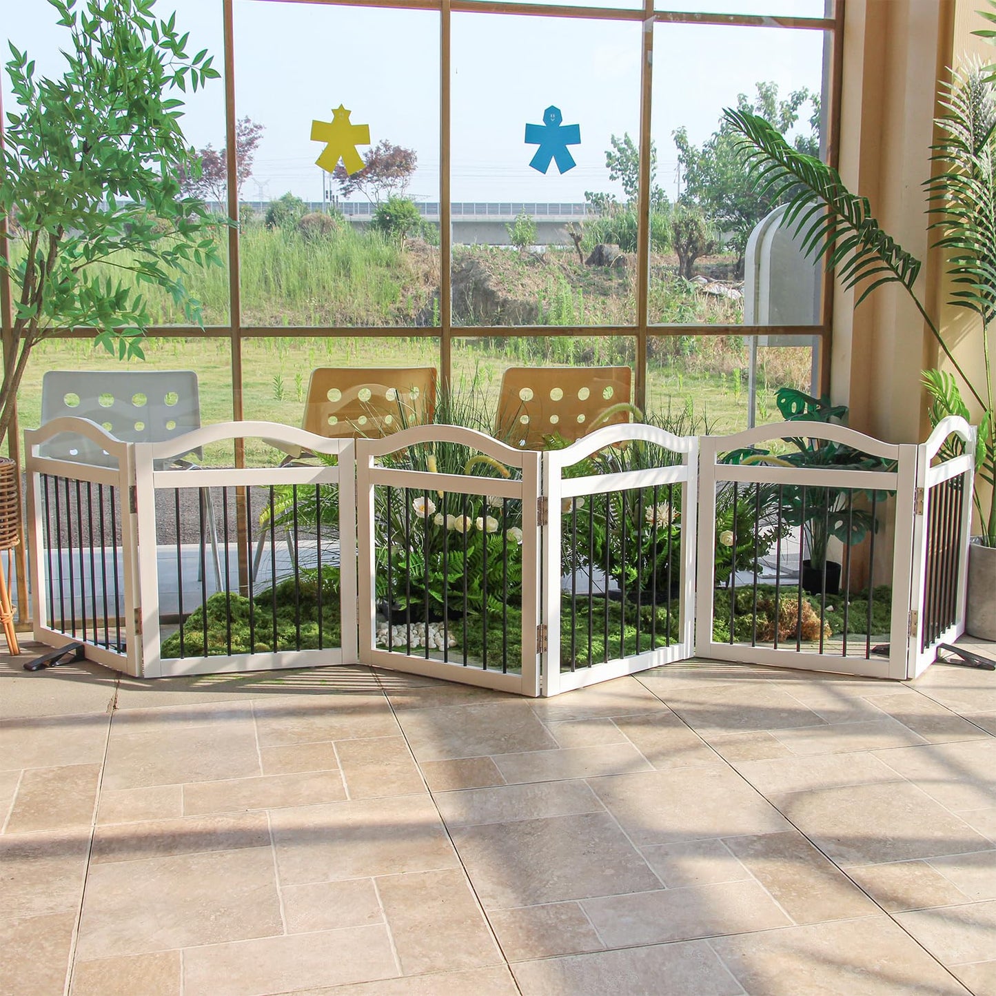 ZJSF Freestanding Foldable Dog Gate Indoor, Pet Gate for Doorways, Dog Fence for The House, Sturdy Wood Puppy Gate for Stairs, White Pet Gate with Support Feet for Hallways, 24 "Height-6 Panels