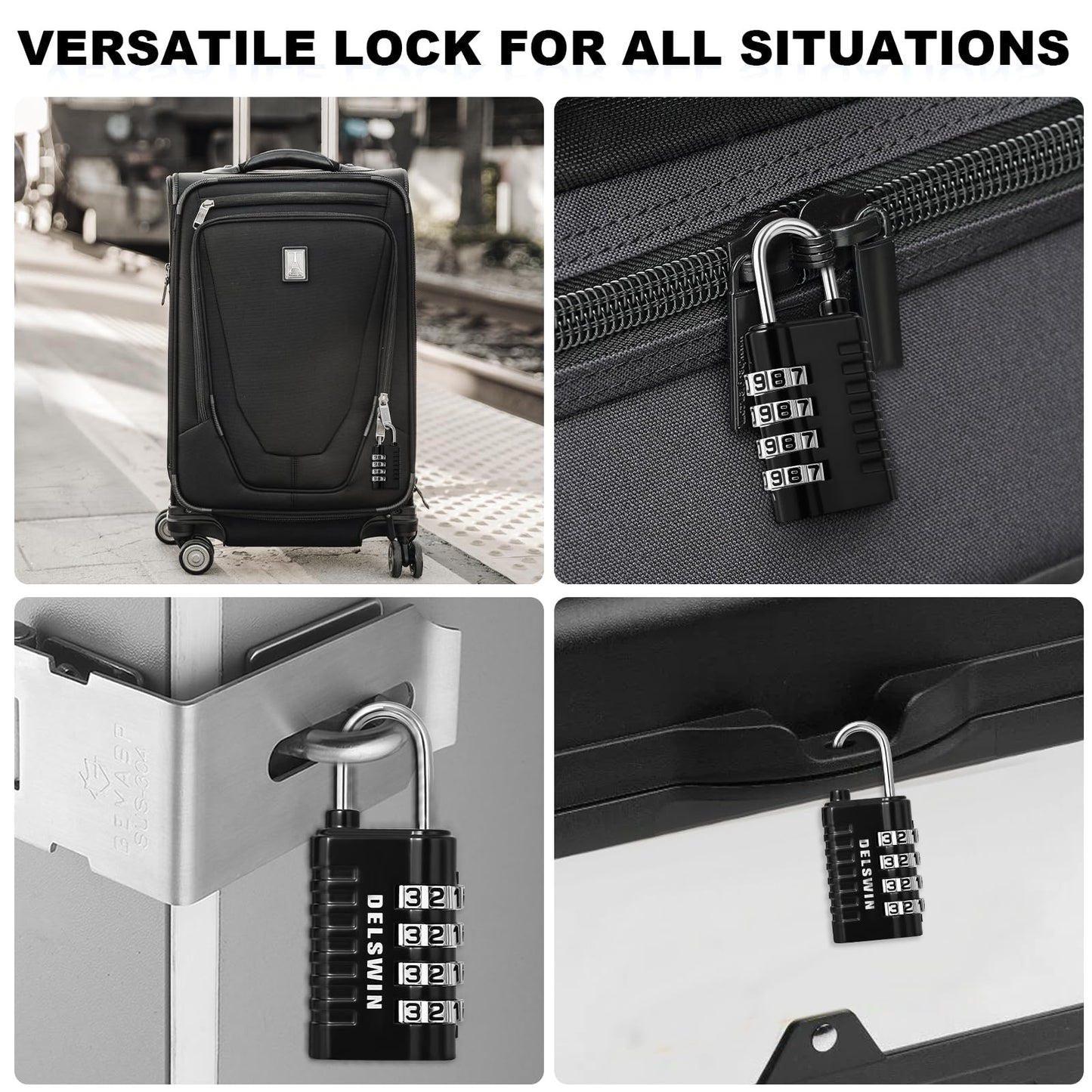 DELSWIN Combination Lock 4-Digit Small Padlock - 4Pcs Resettable Combo Lock for School Gym Locker, Outdoor, Fence, Gate, Waterproof Luggage Locks for Travel Backpack