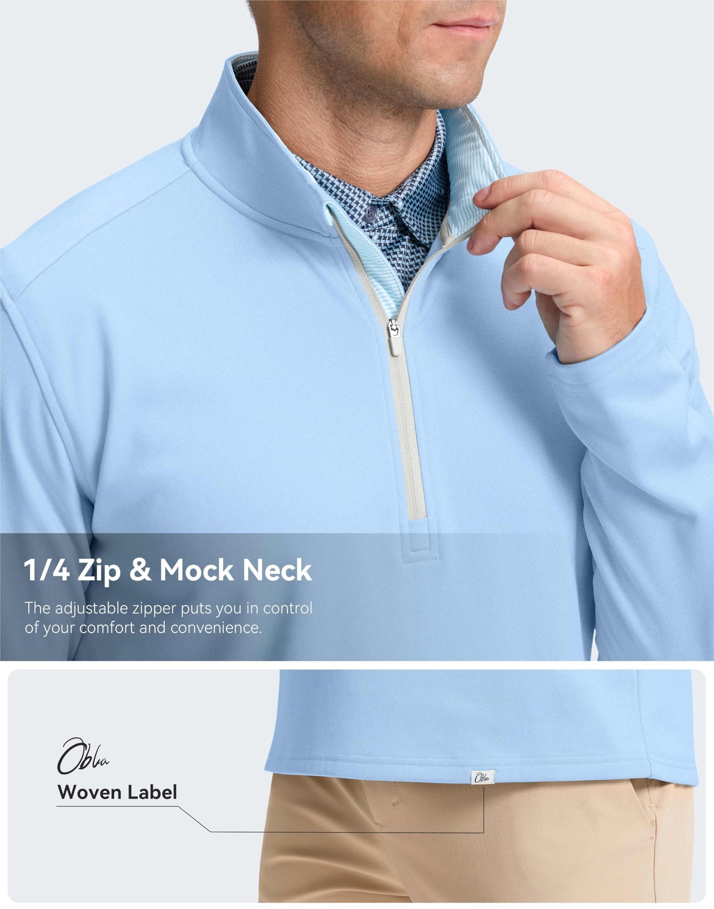 Obla Golf Quarter Zip Pullover Men Fleece Mock Neck Sweatshirt Winter Warm 1/4 Zip Long Sleeve Golf Shirt (Light Blue Melange_L)