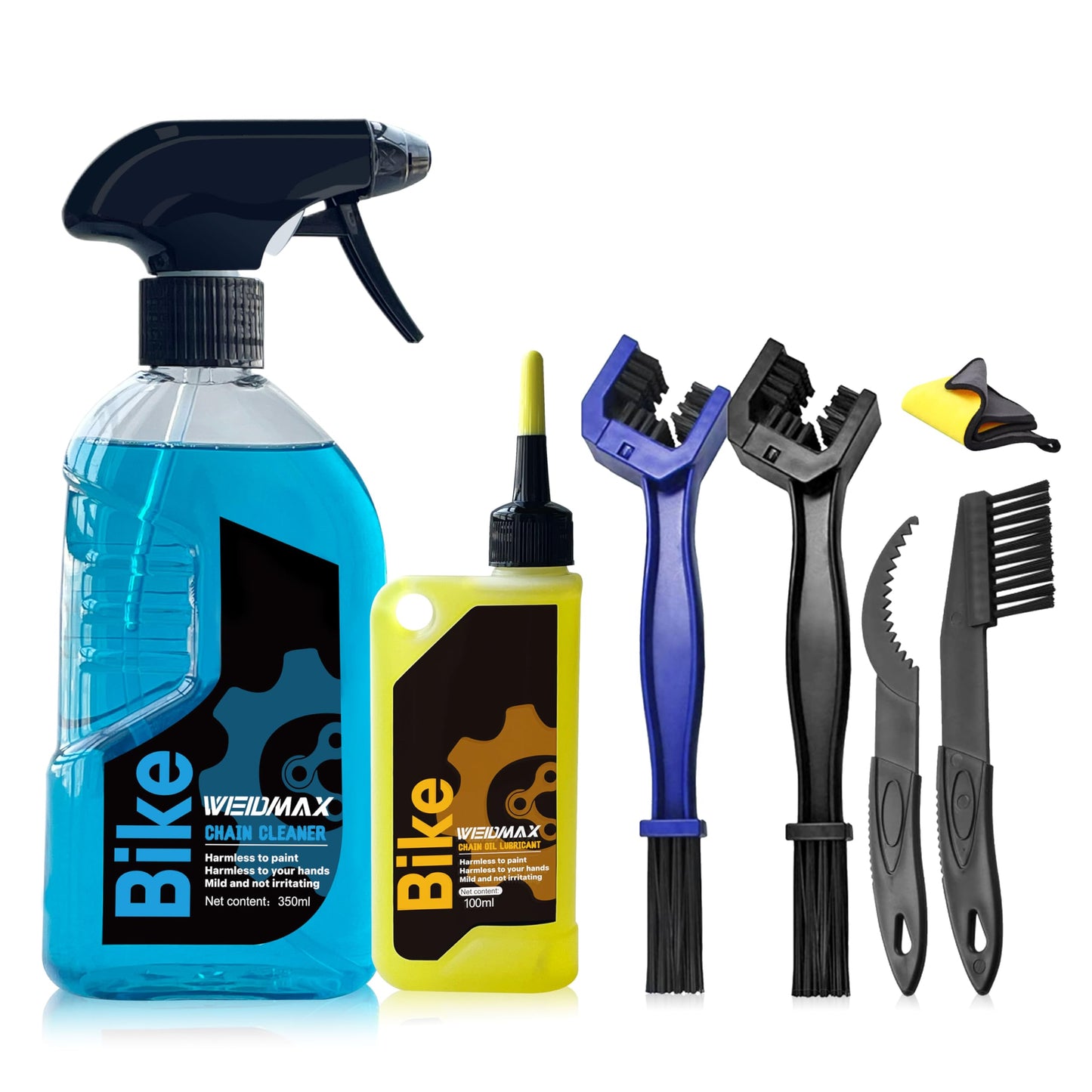WEIDMAX 7 in 1 Bike Chain Cleaning Kit, Bike Chain Cleaner includes 350ml Degreaser Spray, 100ml Chain Lube, 4 Brushes & Towel, Bicycle Chain Cleaner for MTB/Road Bicycle