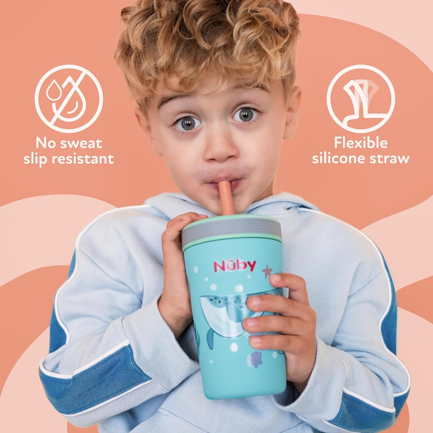 Nuby Insulated Toddler Cup - 12 oz Stainless Steel with Silicone Flex Straw - Leak-Resistant | Monster Trucks