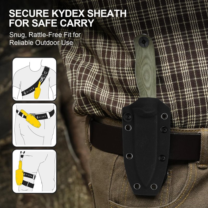 Kizer Drop Bear Fix 3 Fixed Blade Knife, 3.8" 14C28N Blade EDC Camping Knife with Green Micarta Handle, Small Hunting Knives with Sheath, Outdoor Survival Knives with Pocket Clip and Lanyard, 1101A2