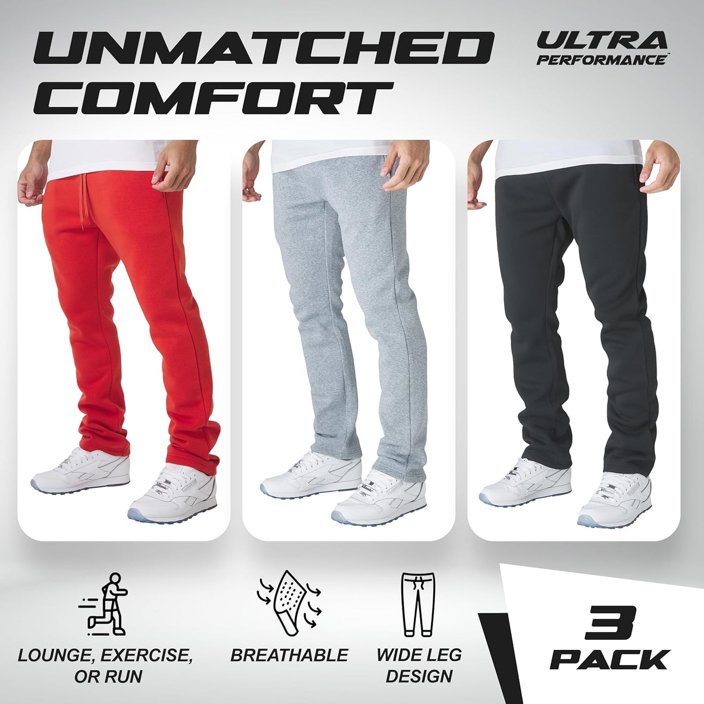 Ultra Performance Men's Fleece Sweatpants - Wide Leg Design with Pockets | 3-Pack for Ultimate Comfort