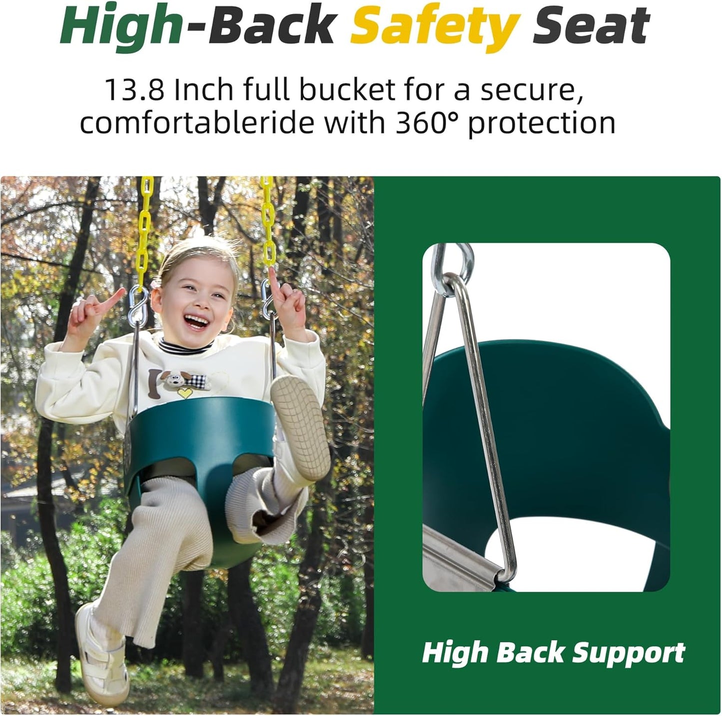 Skiennix High Back Full Bucket Toddler Swing Seat - Yellow Coated Chains, Fully Assembled