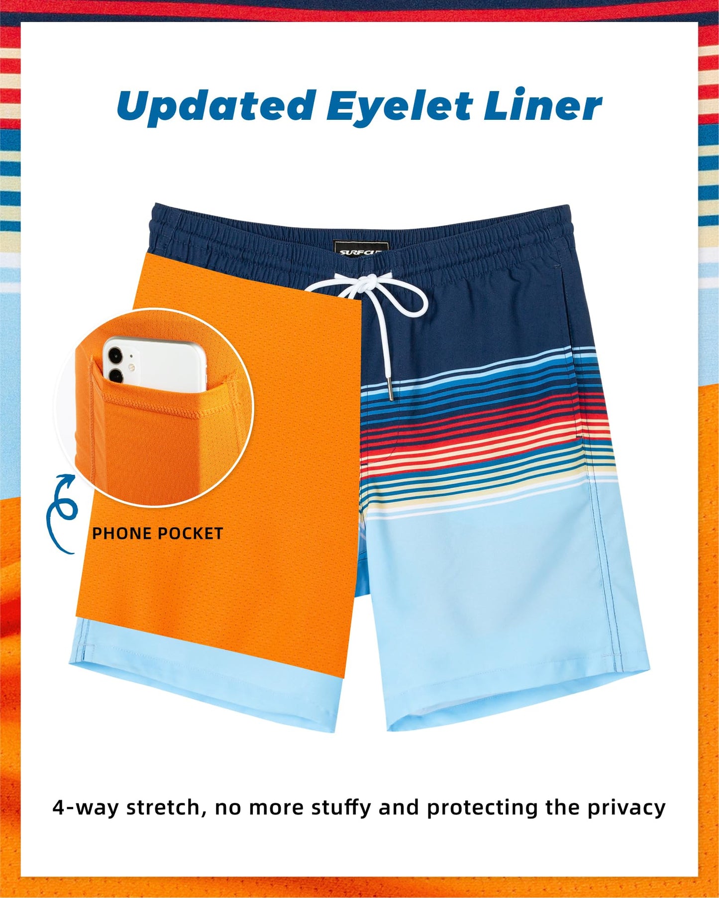 SURF CUZ Mens Swim Trunks with Compression Liner Quick Dry Swim Shorts 7" Swimming Trunks Stretch Zipper Pockets,Colorful Stripes,XXL