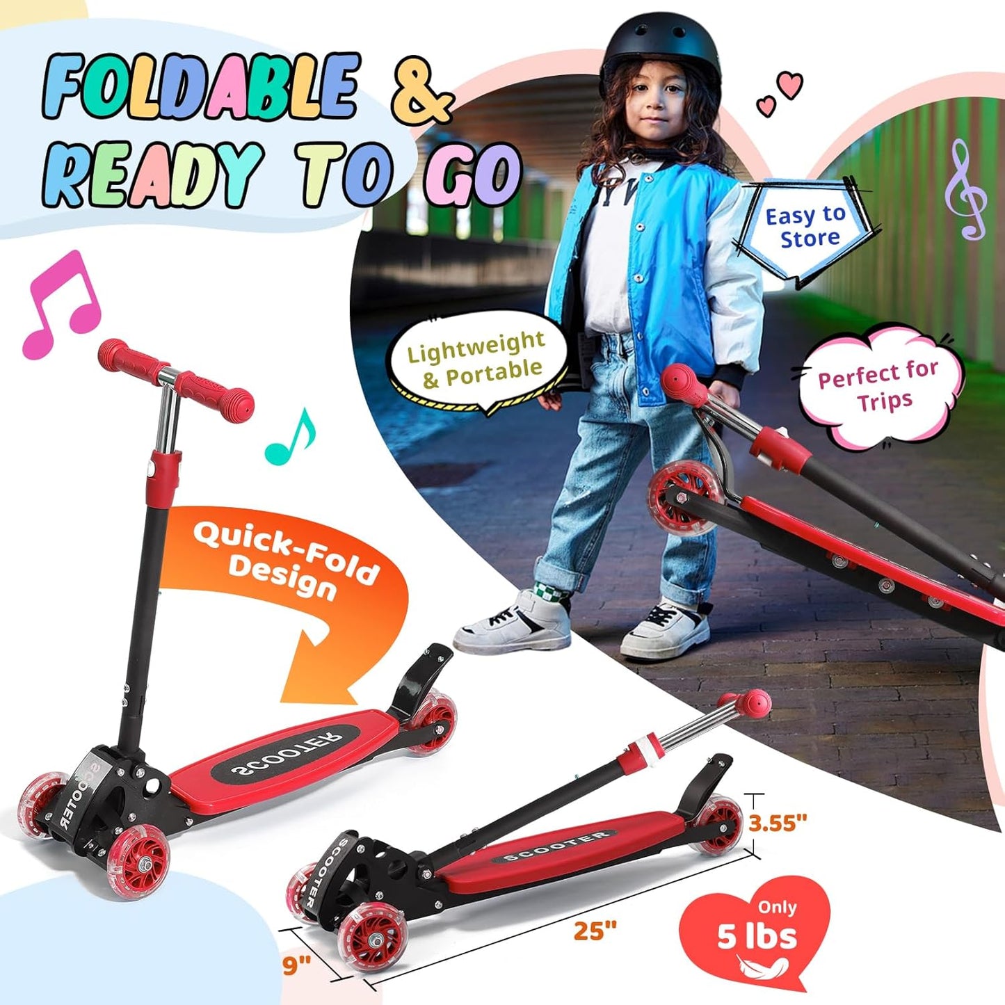 Skiennix Kick Scooter for Kids | Light-Up 3-Wheel Design with Adjustable Height & Stable Ride for Ages 3-7