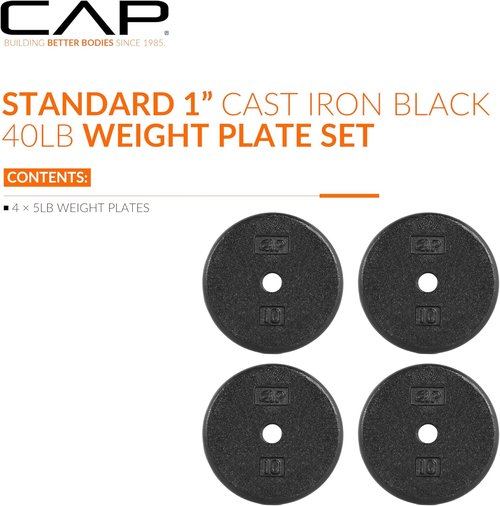 CAP Barbell Standard 1-Inch Cast Iron Weight Plates - Durable Singles & Sets | 1.25-50 lbs Options