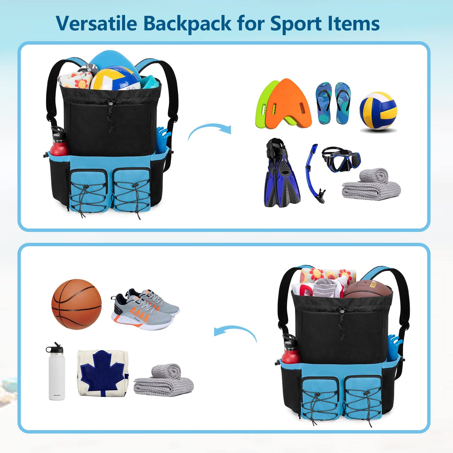 Fasrom Mesh Beach Bag Backpack with Waterproof Bag and Pocket, Large Drawstring Swim Backpack for Travel, Gym and Pool Sports, Blue (Patent Design)