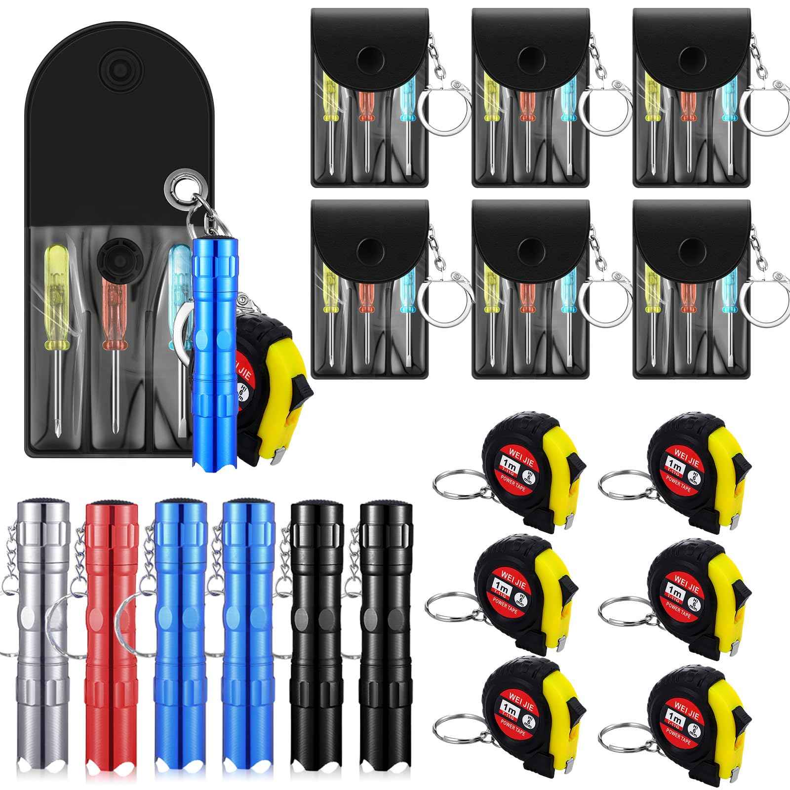 Quelay 18 Pcs Mini Screwdriver Tape Measure Keychains LED Lights Keychain Set Tool Party Favors Mini Hand Tool Adult Prizes Pinata Stuffers Christmas Bulk Gifts for Men, No Batteries Included