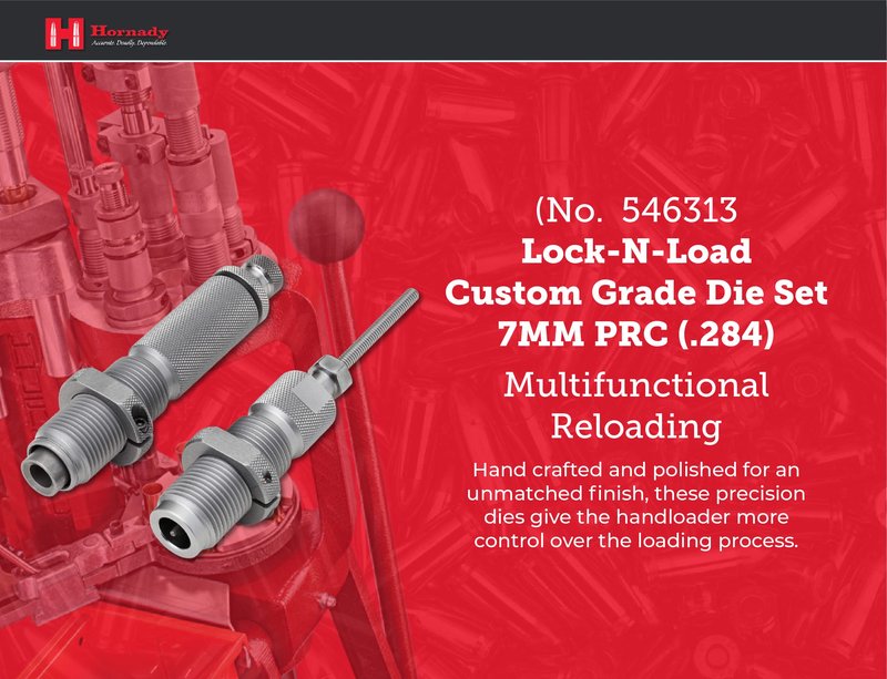 Hornady Custom Grade New Dimension 2-Die Set, 7MM PRC (.284) (546313)- Caliber Specific Reloading Equipment for Handloaders with Full Length Sizer Die, Seating Die, Sure-Loc Rings, & Storage Box