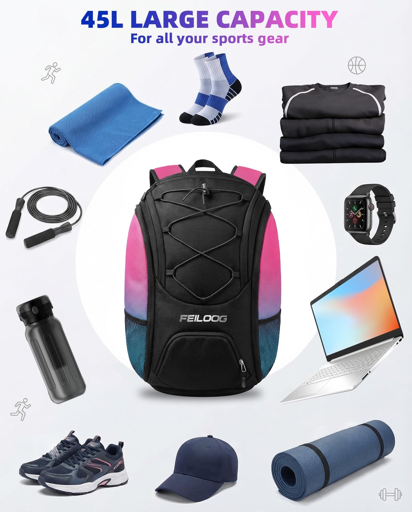 FEILOONG Gym Backpack for Women with Shoe Compartment, 45L Waterproof Sports Travel Backpack with Wet Pocket for Women Men, Durable Bag for Outdoor, Gym & Workout