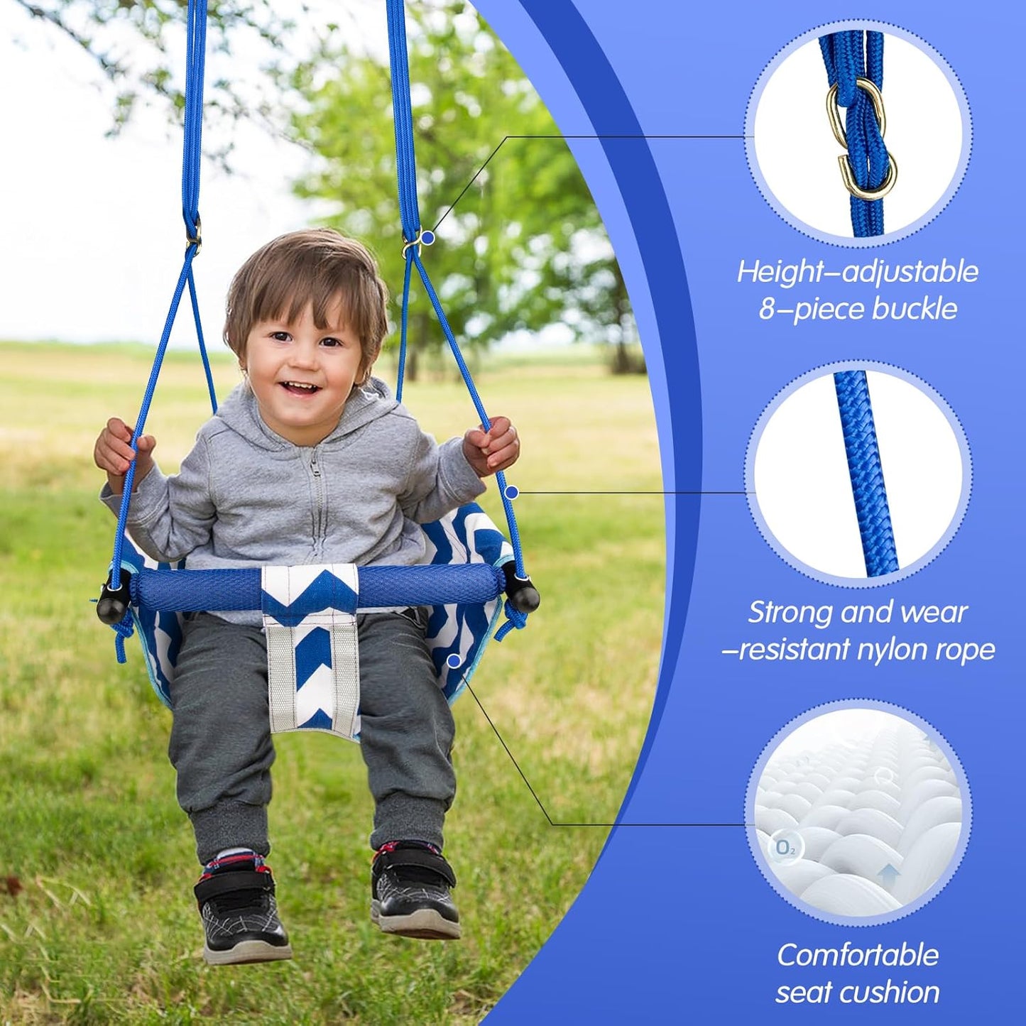 Skiennix Toddler Swing - Comfy Indoor/Outdoor Baby Swing Seat with Safety Harness | Easy Installation (Blue)