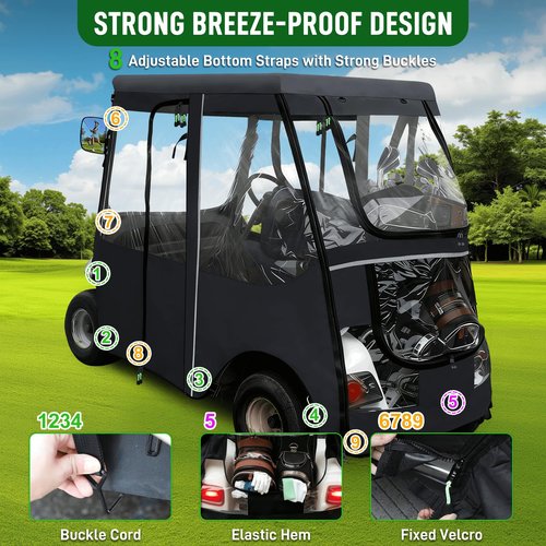 Cartalia Golf Cart Driving Enclosure 2 Passenger for EZGO TXT/RXV, Rain Drivable Cover Golf Cart 2 Seater 4 Sided Roll Up Clear Windows, Durable Zippers Open Side Mirrors - Black (Black)