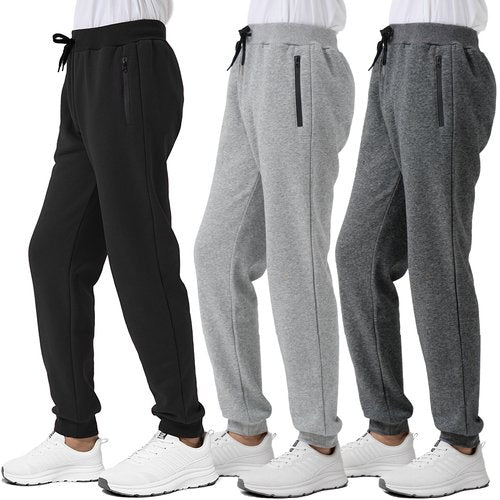 Avsead Kids Boys Sweatpants Pants Fleece 3 Pack Athletic Joggers Sweat Pant with Zipper Pocket Fall Winter Clothes Size 10-12 Black/Grey/Dark Grey