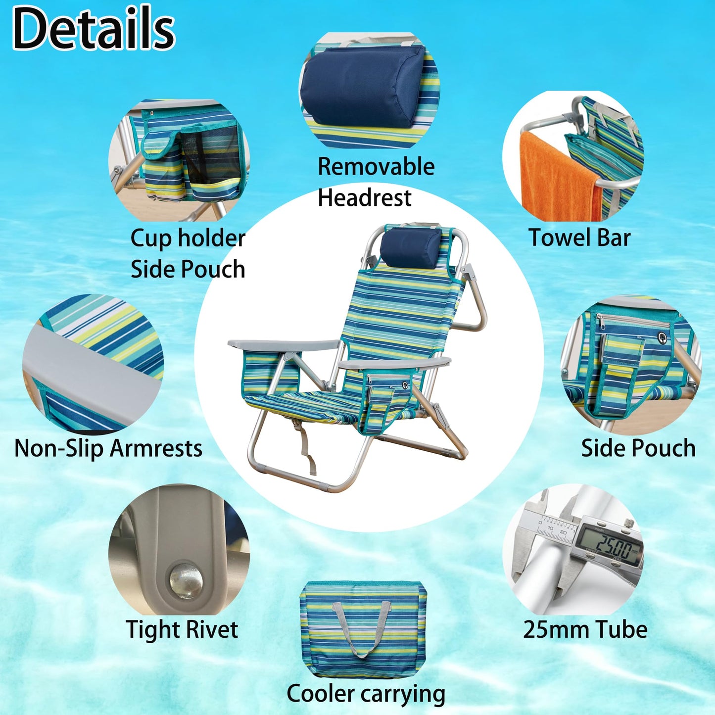 ALPOME Aluminum Backpack Low Profile Beach Chair - 5-Position Lay Flat Reclining Folding Chair with Removable Cooler Bag - Heavy Duty 330 lbs Capacity, Lightweight Portable Sand Seat - Striped Green