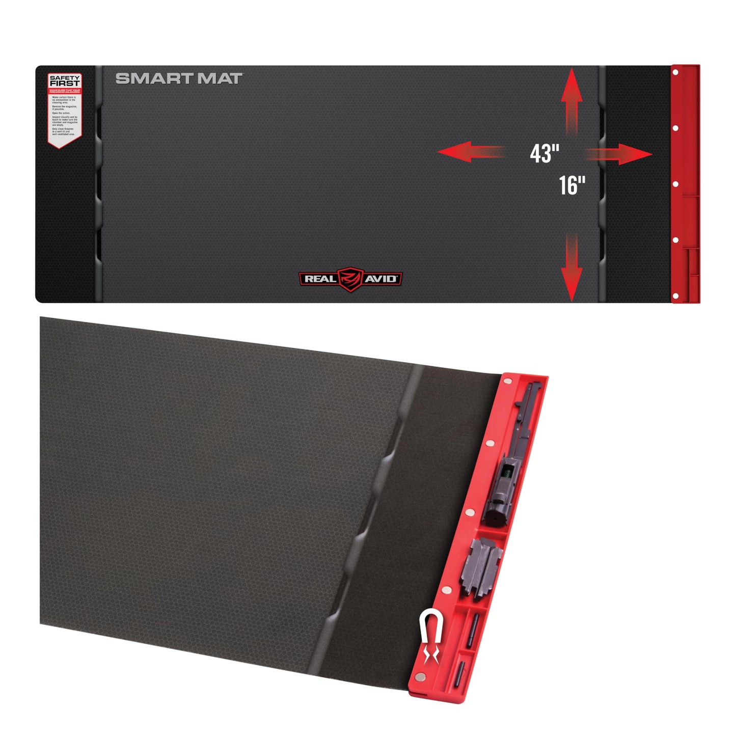 Real Avid Universal Smart Mat - 43x16”, Large Gun Cleaning Mat with Integrated Red Parts Tray, Gun Oil Resistant, Non-Slip, Padded Cleaning Mat