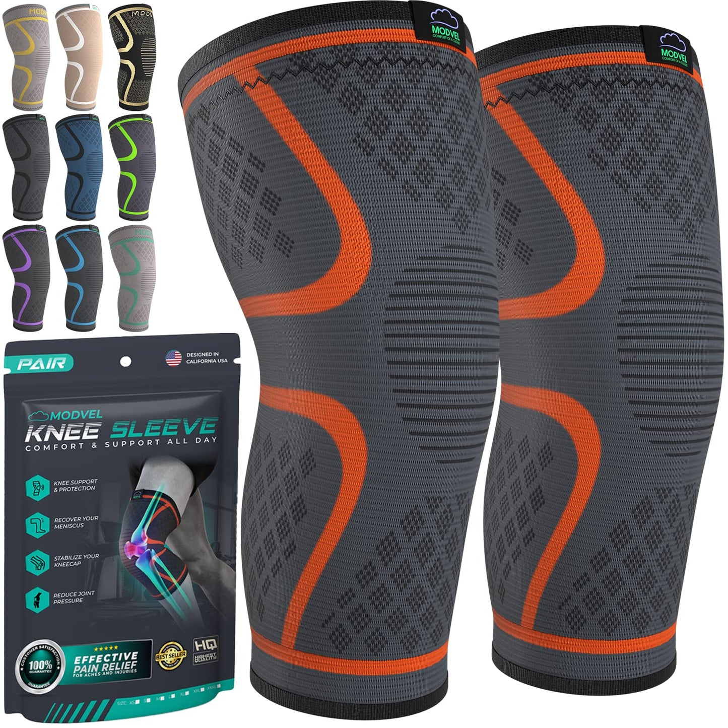 Modvel Compression Knee Brace - 2-Pack Support Sleeves for Running & Pain Relief | Ideal for Meniscus Tear & ACL