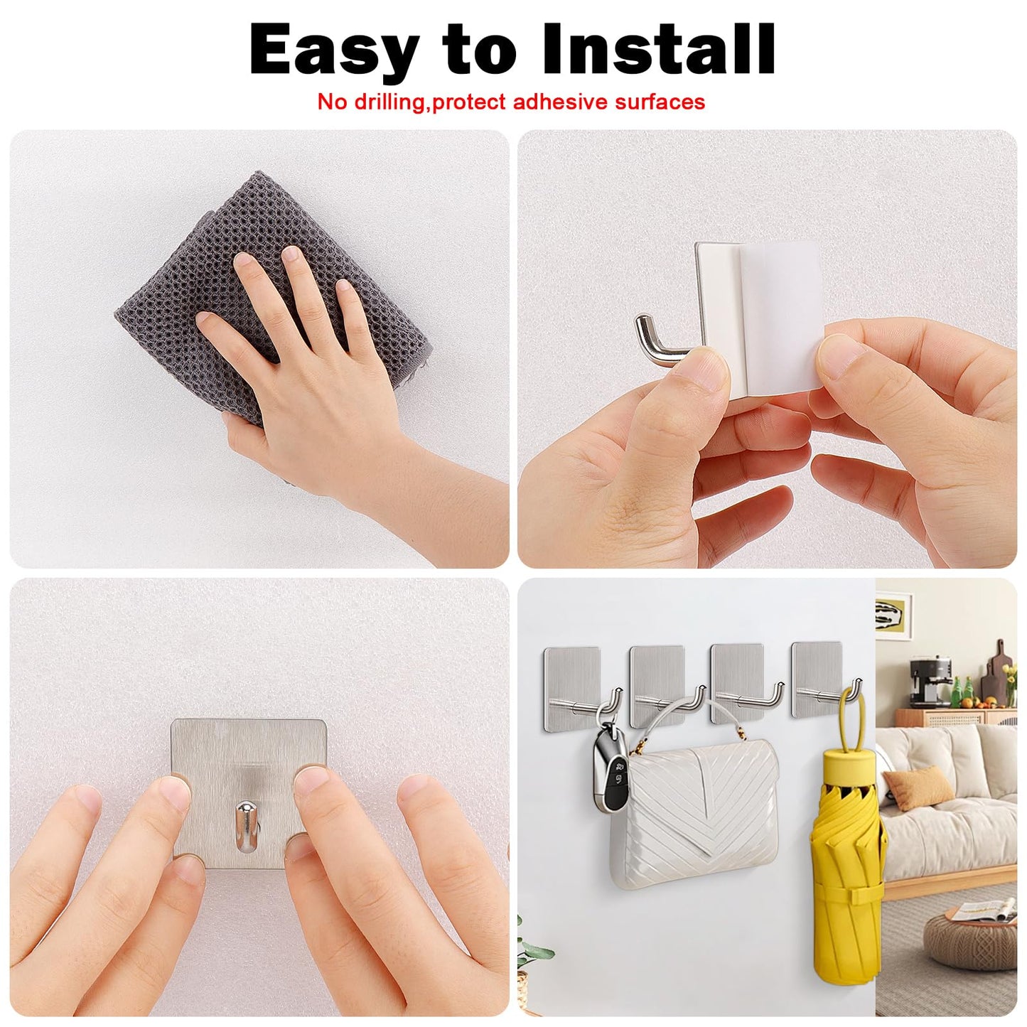 Livabber Adhesive Towel Hooks, 304 Stainless Steel Self Sticky Wall Hooks Waterproof Shower Hooks for Robe/Clothes, No Drilling Towel Hangers for Bathroom Kitchen Bedroom (Brushed Nickel, 10 Packs)