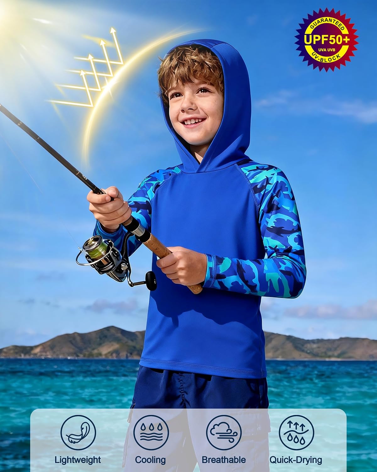 Skiennix Boys Rash Guard Swim Hoodie - UPF 50+ UV Protection Long Sleeve Fishing Shirt | Youth Sizes Available