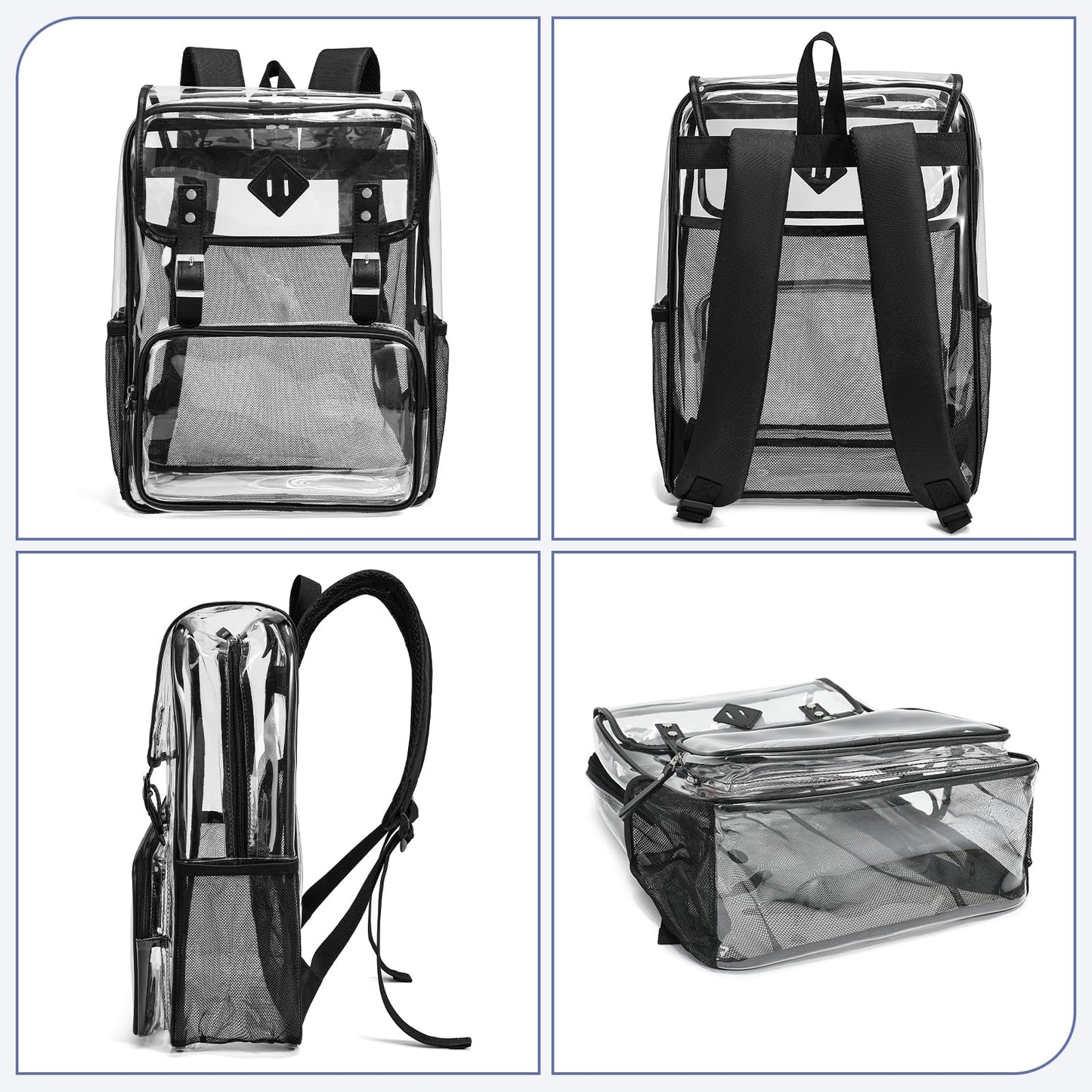 NEOREAL Clear Backpack Large Capacity Heavy Duty Transparent PVC Backpack with Leather Trim for Women College Work Travel