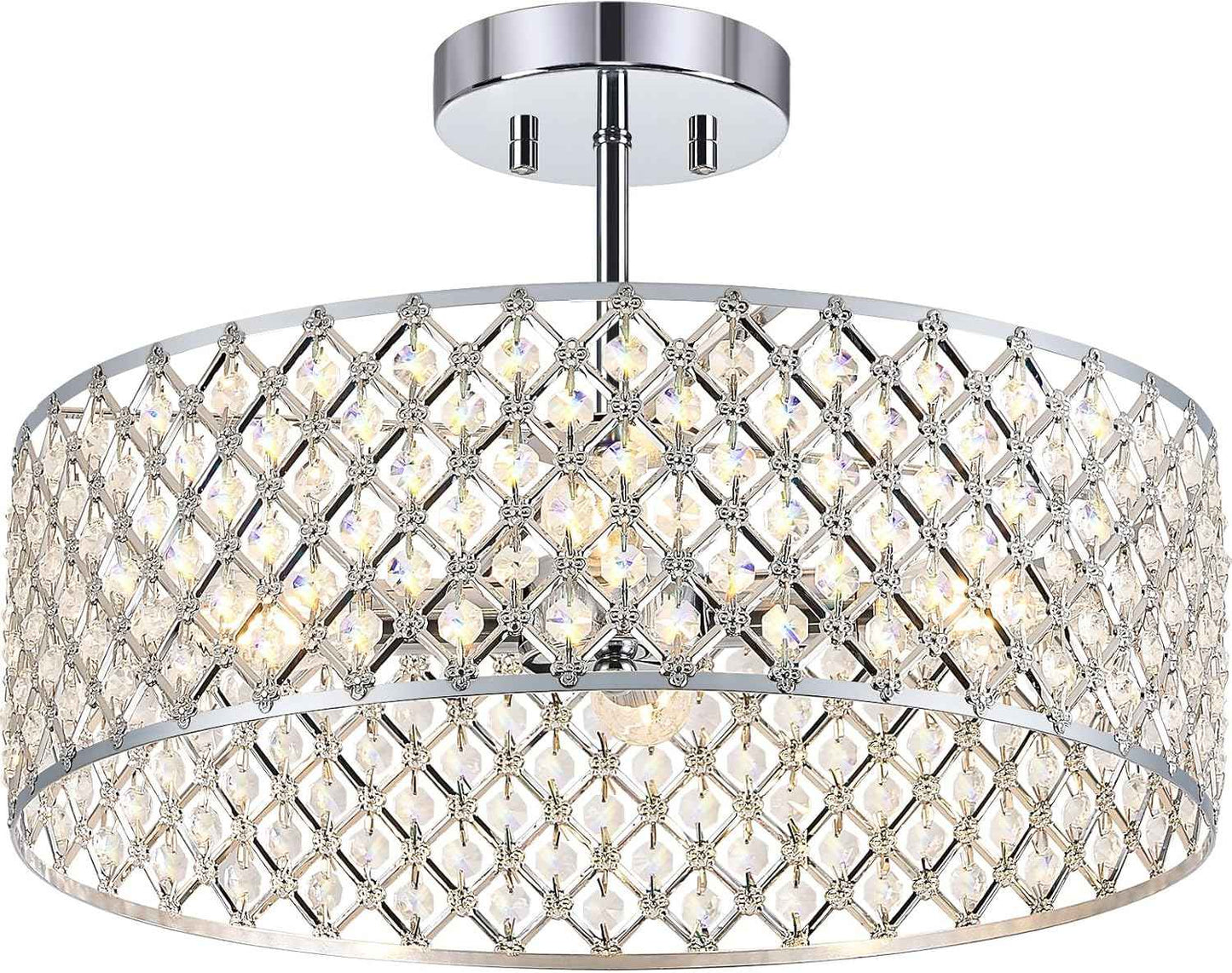 Modern Black Crystal Semi Flush Mount Ceiling Light Fixture - 11.2" Round Chandelier for Dining Room, Hallway, Kitchen & Bedroom