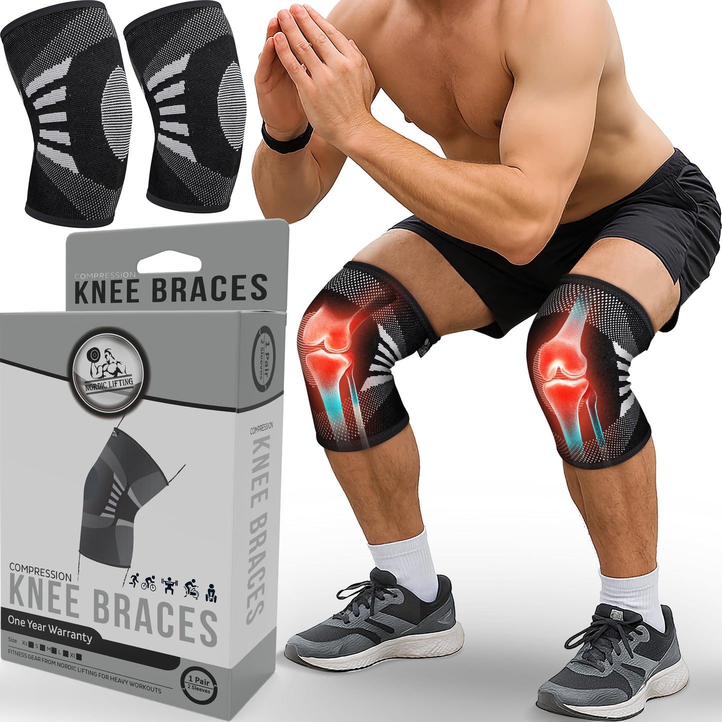 Nordic Lifting Knee Compression Sleeves (1 Pair) - Support for Arthritis Prevention & Recovery (X-Large, Grey)