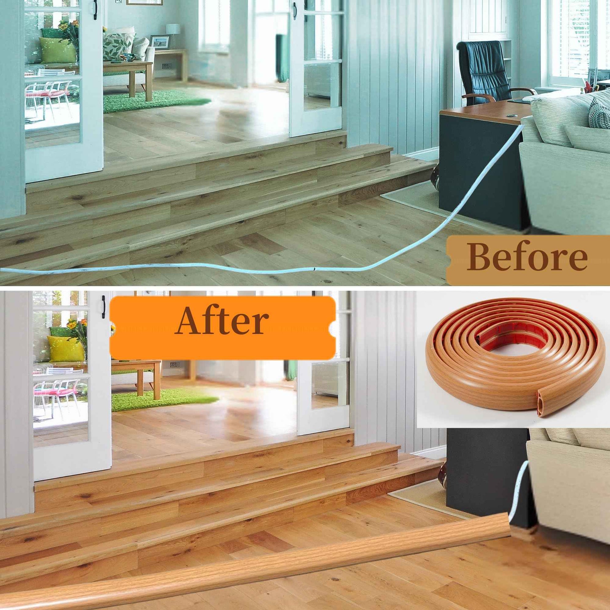 BEIEBIJOB 10ft Self Adhesive Floor Cord Cover,Cable Cavity:0.61"(W) x 0.32"(H),Heavy Duty Soft PVC Cable Protector and Extension Cord Hider,Cord Management System to Hide Wires on Floor,Yellow Wood