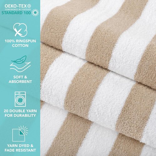 Arkwright Cabana Stripe Beach Towels - Pack of 4 Oversized 100% Cotton Quick-Dry 30 x 70 in, Beige