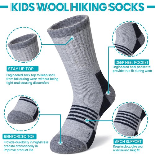 Velice Kids Merino Wool Hiking Socks Toddler Boys Girls Winter Warm Thermal Thick Cushion Crew Boot Socks 6 Pairs(Black/Grey/Blue, 13-15 Years)