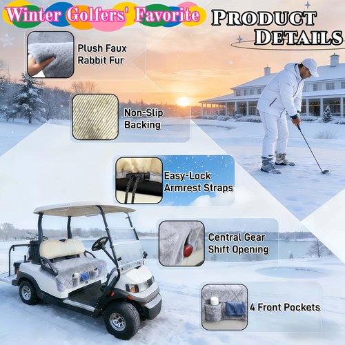 WUKO HUNT Golf Cart Seat Covers - Faux Fur Seat Blanket, with 4 Pockets, Non-Slip, Soft & Comfortable, Fit EZGO, Yamaha, Club Car and Other 2-Seat Golf Carts, All-Season, 51"x 33", Quilted Light Gray