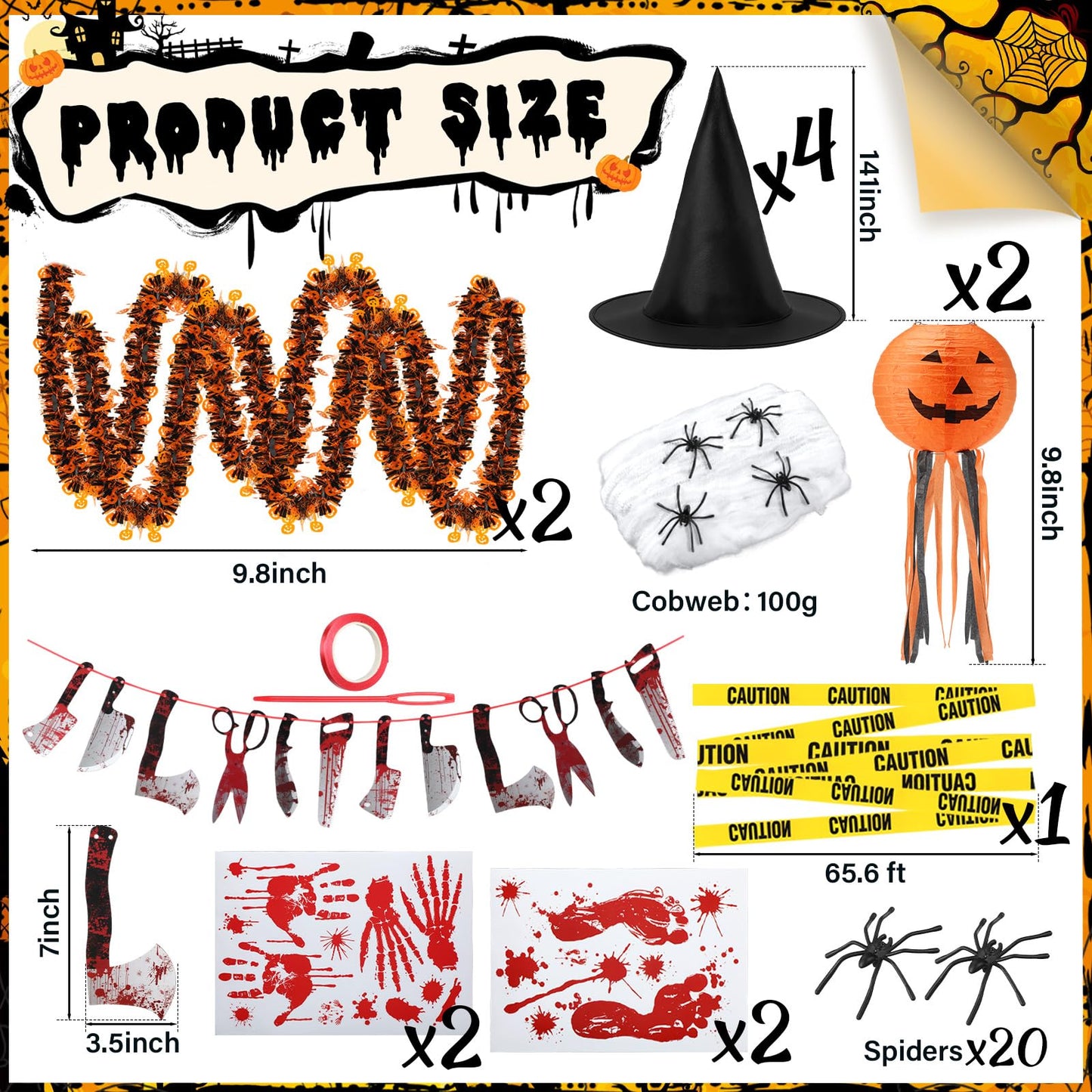 Suncalla Halloween Golf Cart Decorations Halloween Themed Car Decoration Kit Blood Knife Banner Pumpkin Lanterns Witch Hat Bloody Handprint Footprint Stickers for Golf Cart Party Supplies Decor