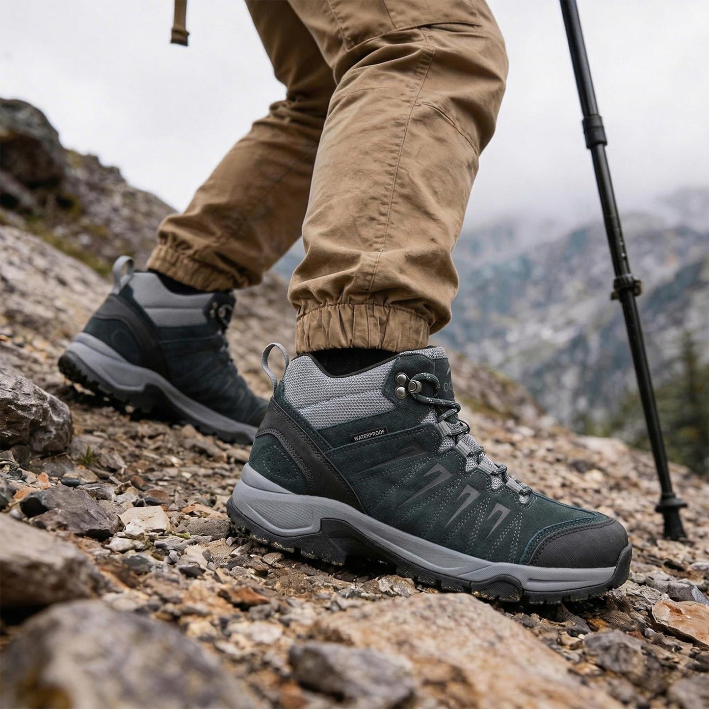 OUTJET Men's Waterproof Hiking Boots Lightweight Leather Mid Ankle Outdoor Trail Trekking shoes
