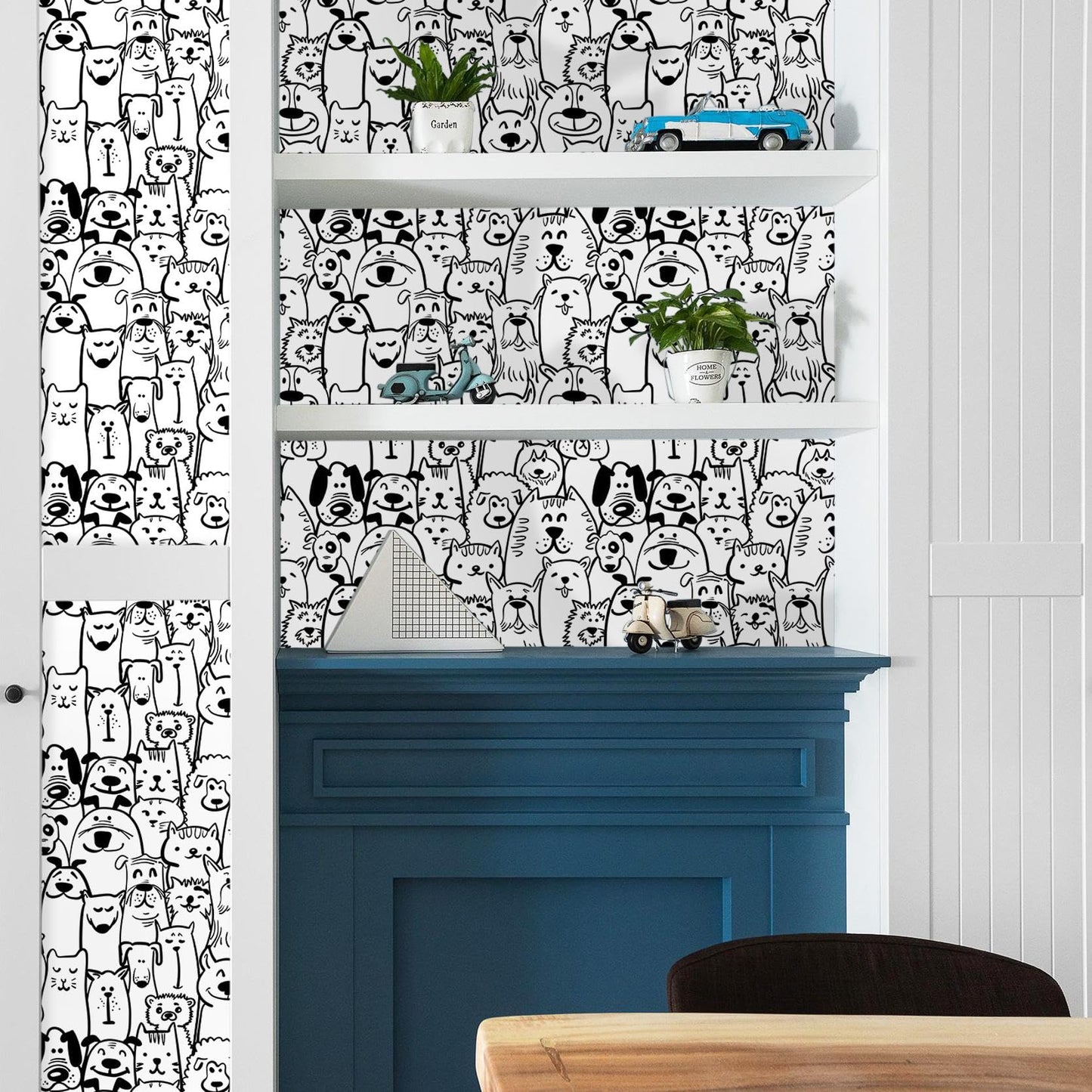 Fiula Peel and Stick Wallpaper Contact Paper Black and White Wallpaper Modern Dog Animal Wall Paper Textured Self Adhesive Removable Wallpaper for Nursery Kids Room Shelf Liner Vinyl Roll 78.7"x17.3"