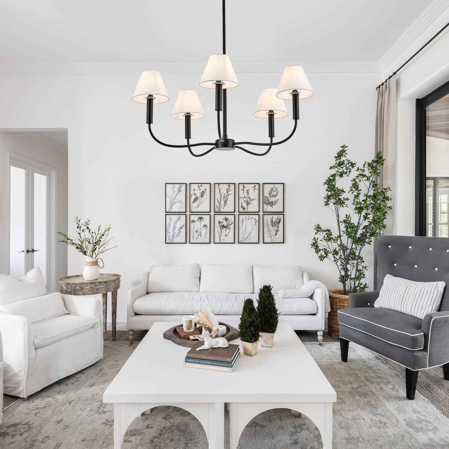 Black Farmhouse Chandeliers with White Fabric Shades, 5-Light Modern Chandelier for Dining Room Light Fixture 30’’ Large Linear Pendant Light Fixture for Kitchen Bedroom Living Room,UL Listed