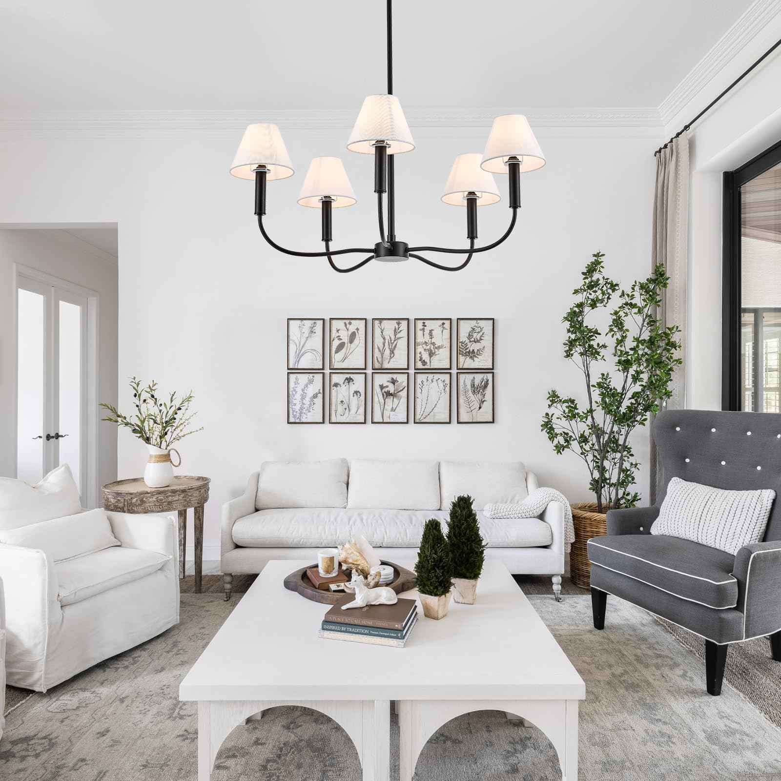 Black Farmhouse Chandeliers with White Fabric Shades, 5-Light Modern Chandelier for Dining Room Light Fixture 30’’ Large Linear Pendant Light Fixture for Kitchen Bedroom Living Room,UL Listed