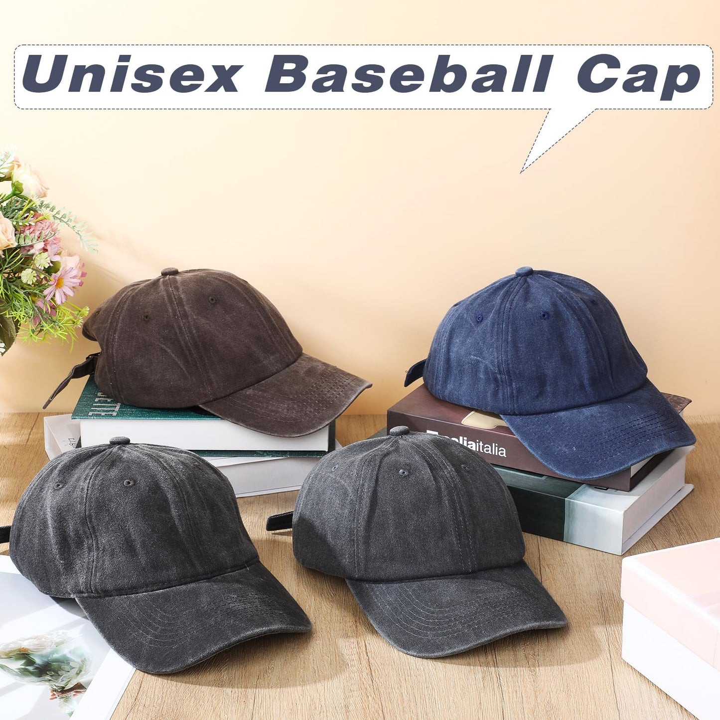 Geyoga 4 Pieces Washed Cotton Baseball Cap Adjustable Twill Plain Hat Unisex Baseball Cap Vintage Hat (Black, Dark Gray, Navy Blue,Brown)