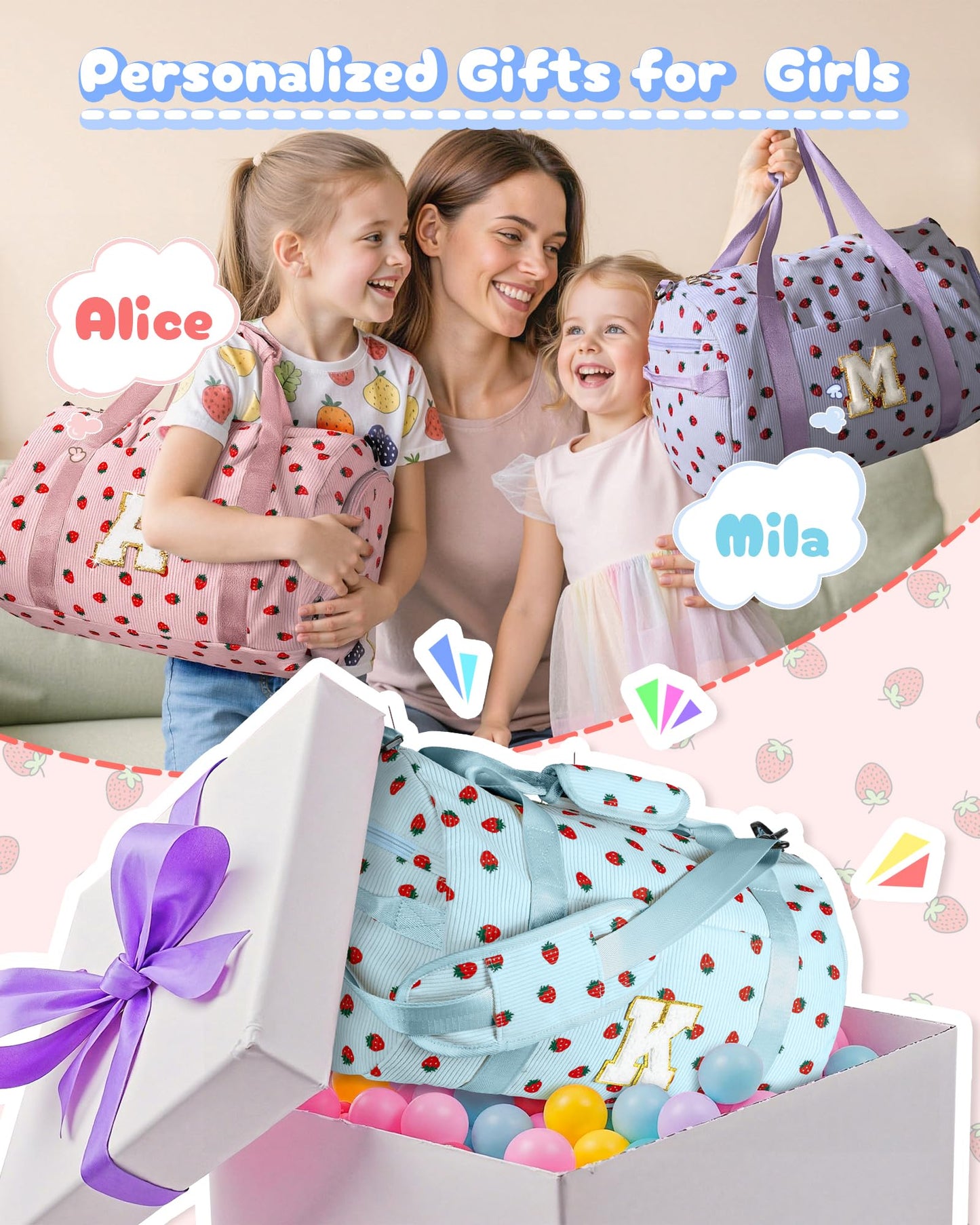 Vogewood 5 Year Old Girl Birthday Gift Ideas, Girls Gym Bag, Kids Personalized Weekend Duffel Bags with Shoe Compartment, Initial Travel Tote with Makeup Bag, Sweet 16 Gifts for Teens (Letter H)
