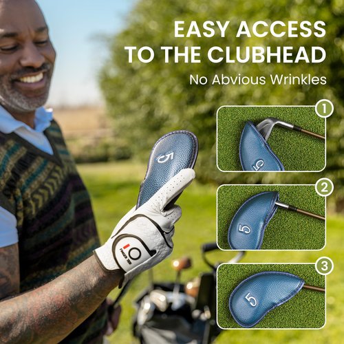 FINGER TEN Premium Synthetic Leather Stylish Iron & Wedge Golf Head Covers Value 12 Piece Set, Embroidered Labels & Fits Most Clubs Gift Set, Travel Protection Accessories (1 Side-Blue)