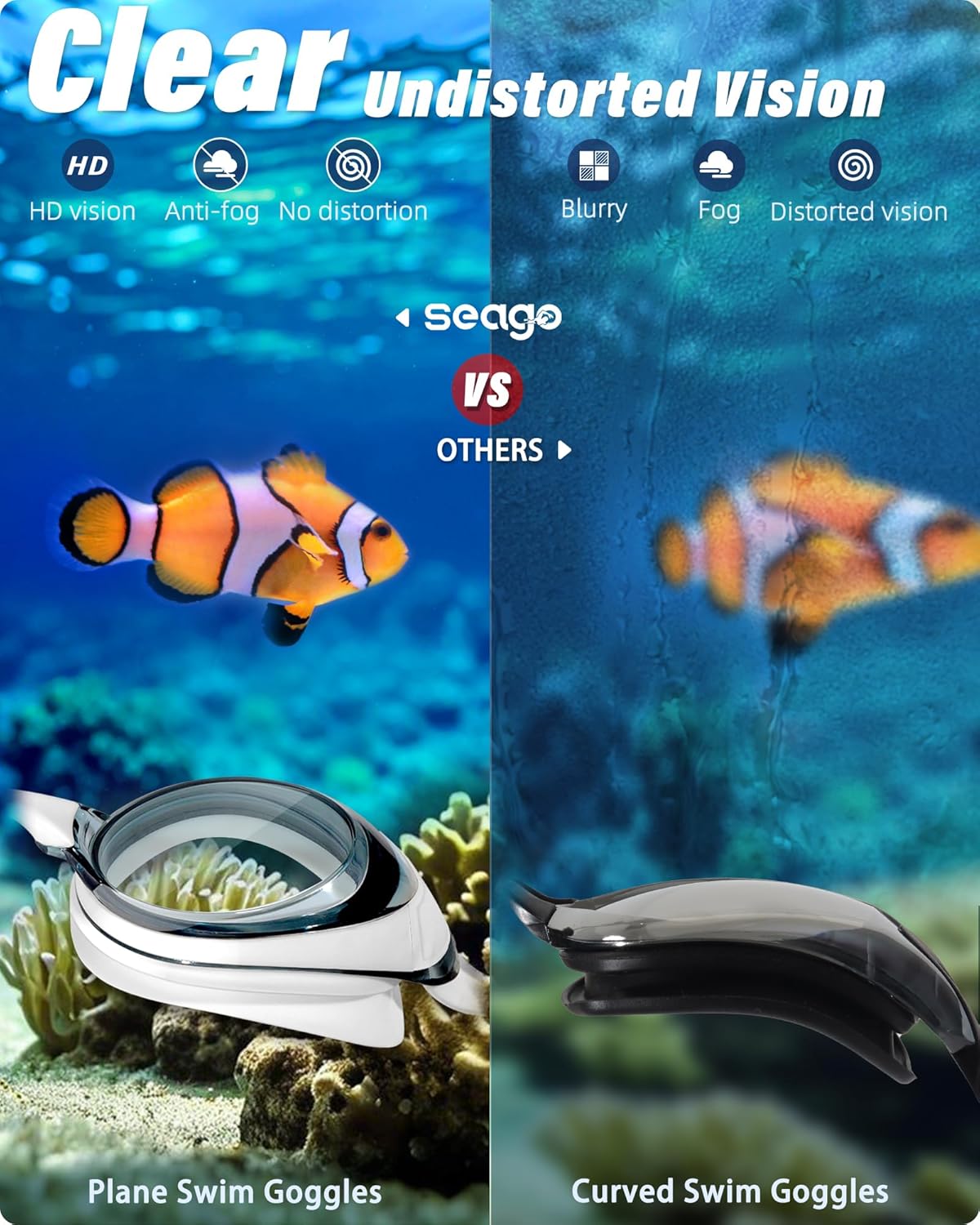Seago Swimming Goggles - Anti-Fog & UV Protection for Adults | 2-Pack Silicone Swim Goggles
