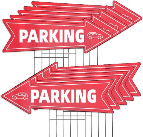 Directional Parking Signs by [Brand Name] - 10 Pack Large 23 x 7.2 Inch Durable Red & White Yard Signs with Arrows