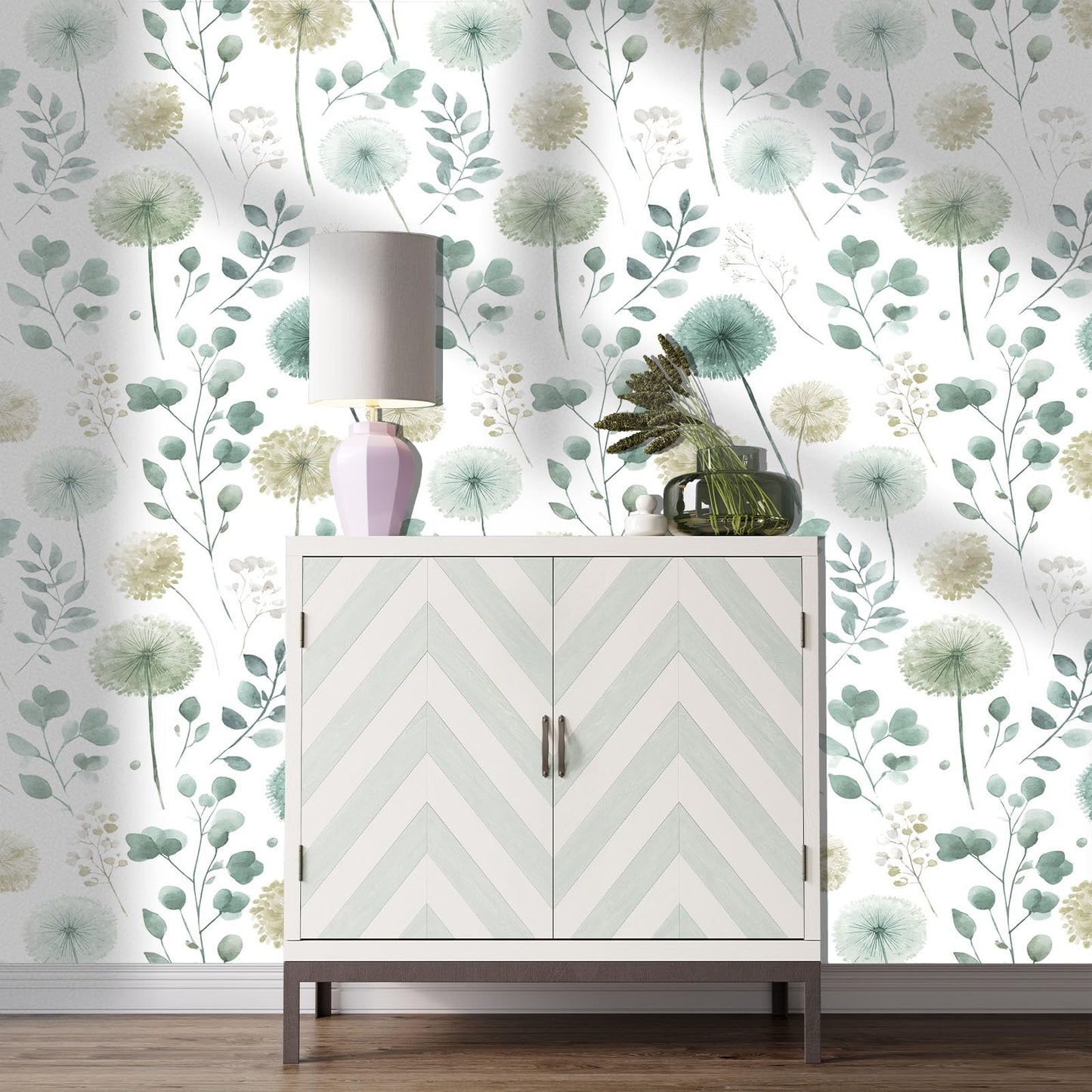 Wookmmy Sage Green Leaf Dandelion Peel and Stick Wallpaper Modern Botanical Eucalyptus Contact Paper Removable Waterproof Self Adhesive Wallpaper for Bedroom Bathroom Cabinets Farmhouse 17.7"x78.7"