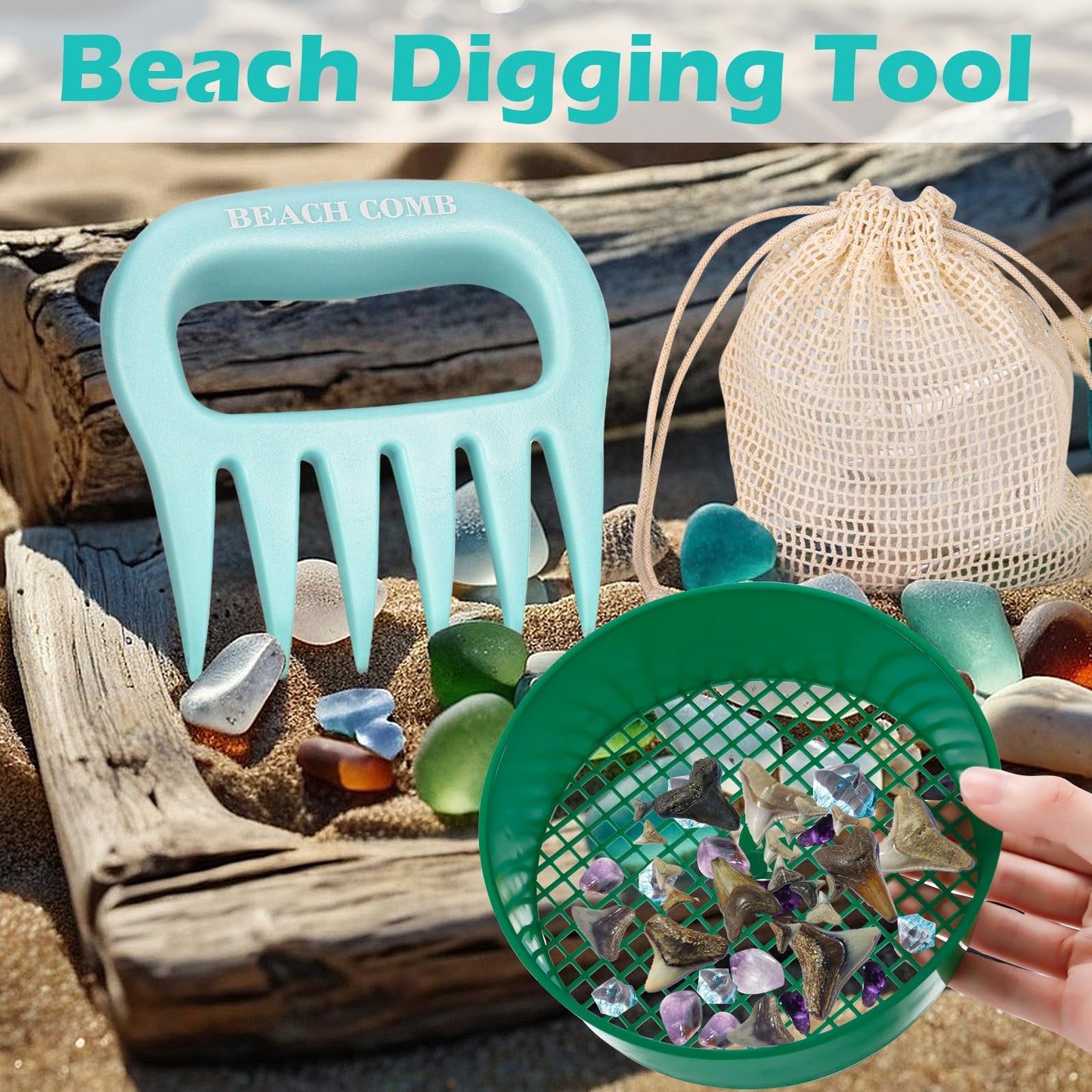 Sand Scoop with Shovel Sand Flea Rake with Beach Mesh Bag Plastic Sand Sifter for The Beach Shell Scooper Shark Teeth Digger for Picking Up Shells Sea Glass Hunting Tools Beach (Blue with Sifter)