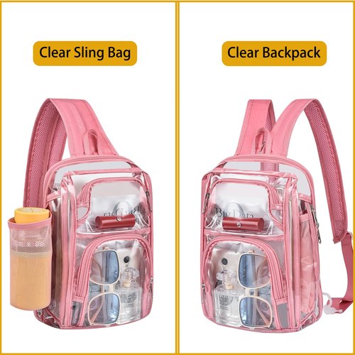 Busiuw Clear Backpack Stadium Approved Sling Bag with Adjustable Reinforced Straps, 3 in 1 Crossbody Bag for Festivals and Games (Pink)