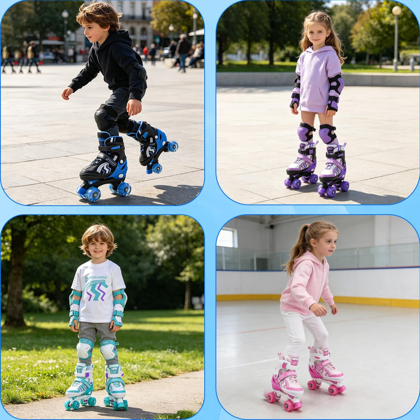 SMOOJOY Kids Roller Skates for Boys and Girls Adjustable Blue Black Skate with All Light up Wheels Ages 6-12 for Beginner in Outdoor Indoor Sports.
